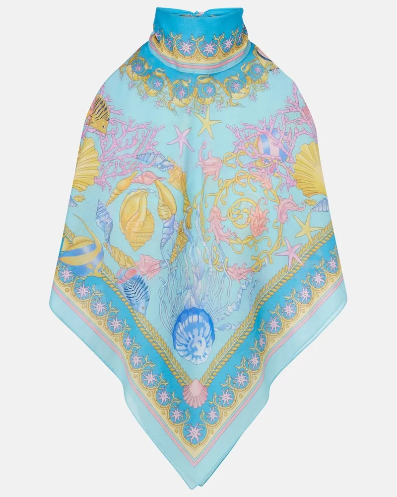 Versace Top in cotone e seta con stampa Blu