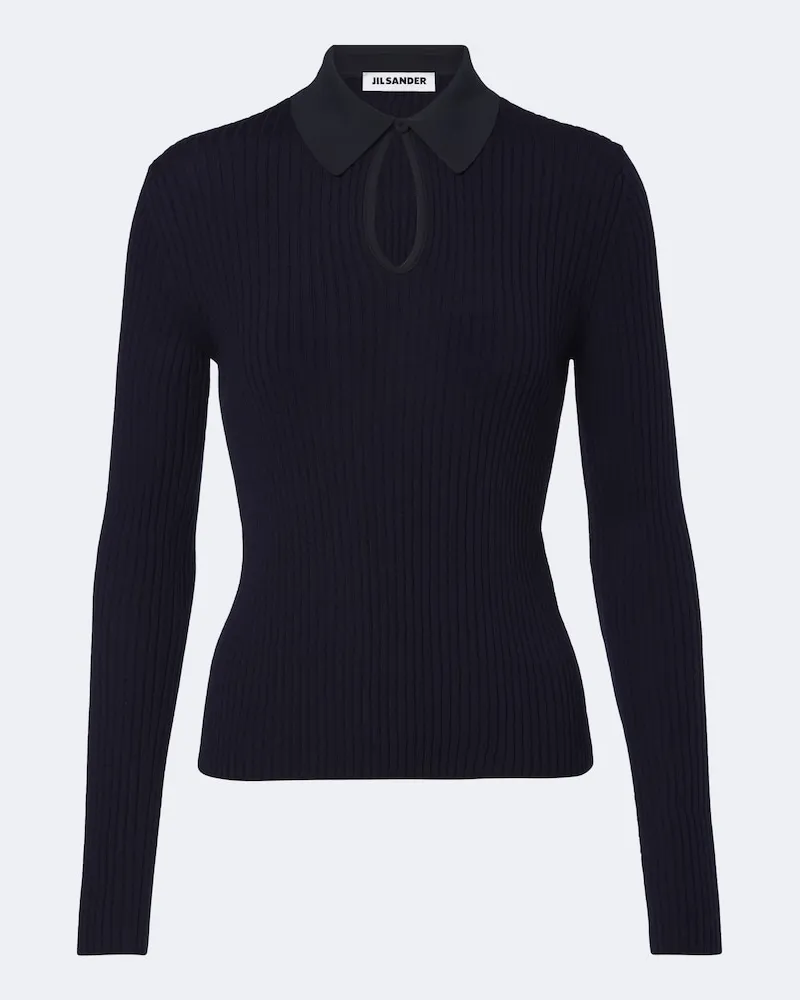 Jil Sander Pullover polo in lana a coste con cut-out Blu