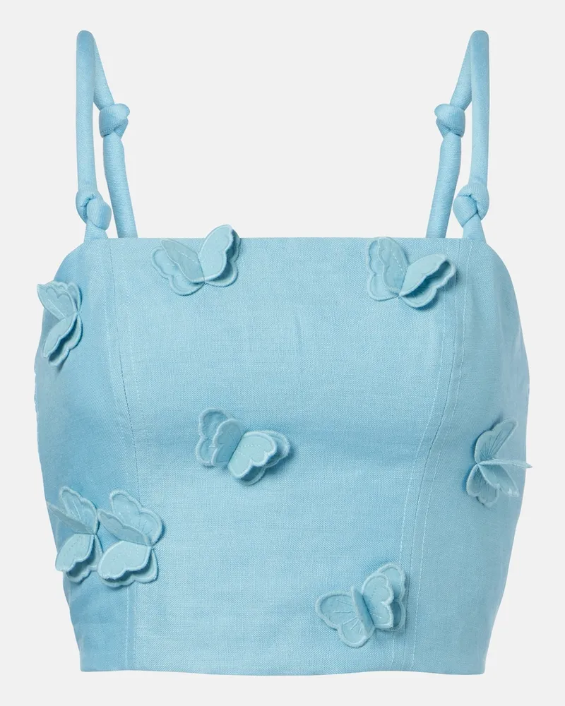 FARM Rio Top cropped in lino con patch Blu