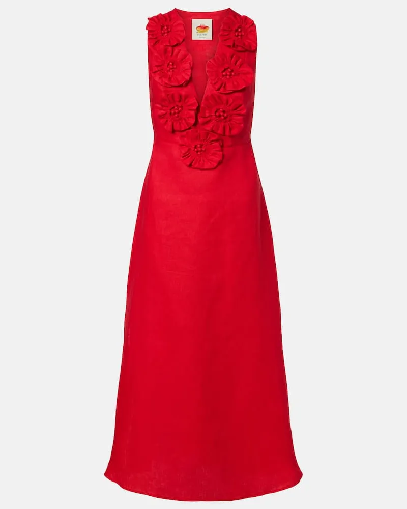 FARM Rio Abito midi in lino con scollo allâamericana e applicazioni floreali Rosso