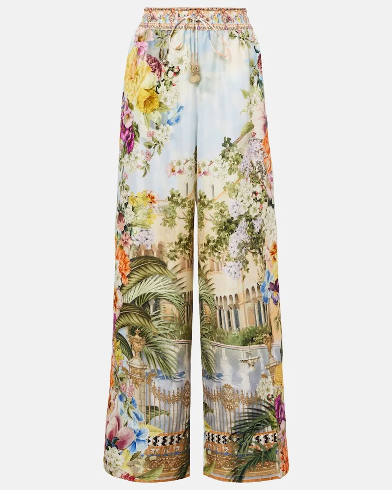Camilla Pantaloni a gamba larga in seta con stampa Multicolore