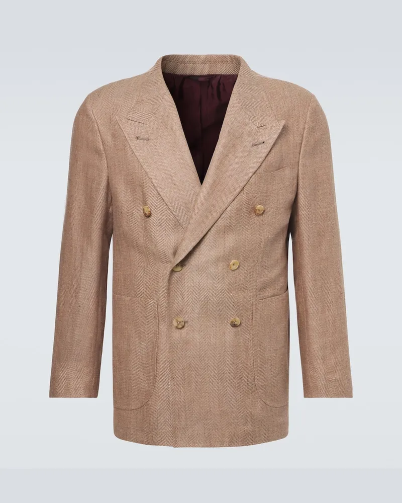 Rubinacci Blazer in lino e lana a spina di pesce Beige
