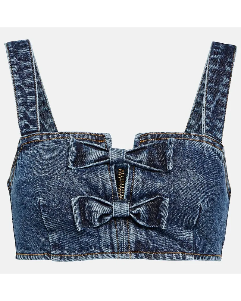 Self-Portrait Top in denim con fiocco Blu