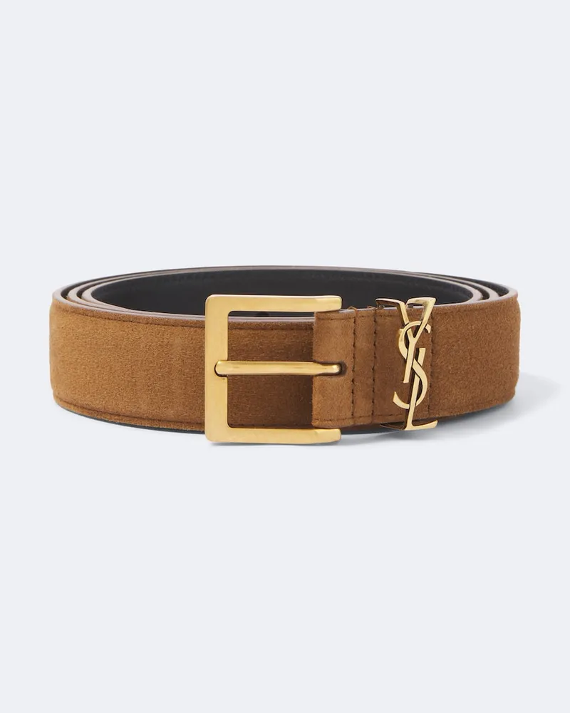 Saint Laurent Cintura Cassandre in suede Marrone