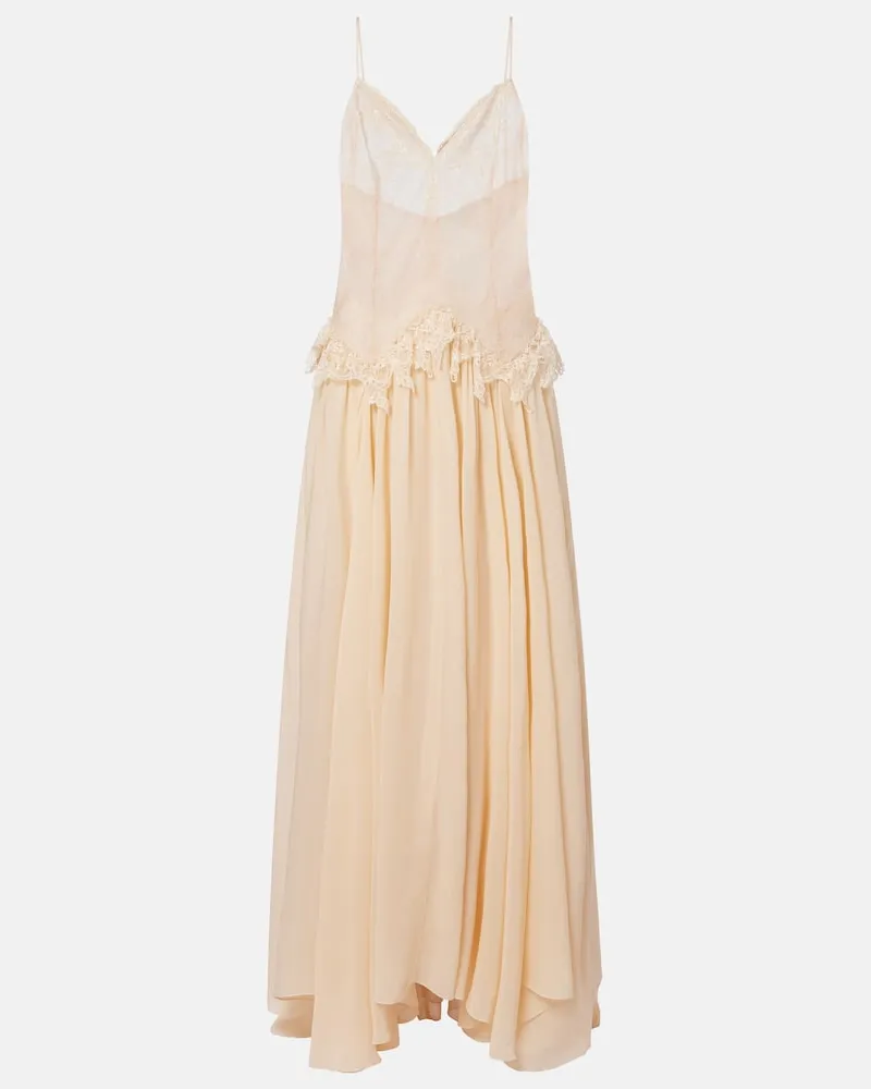 Blumarine Abito lungo in georgette con pizzo Beige
