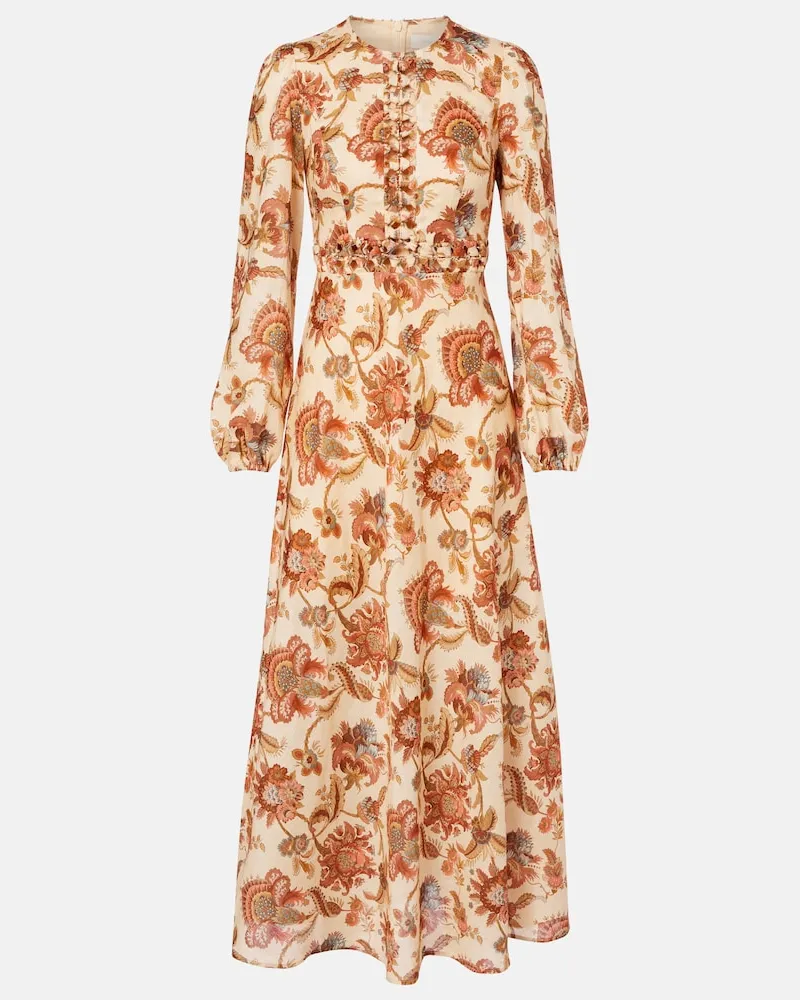 Zimmermann Abito lungo Aster in lino con stampa floreale Beige