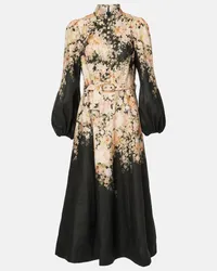 Zimmermann Abito midi in lino con stampa floreale Nero