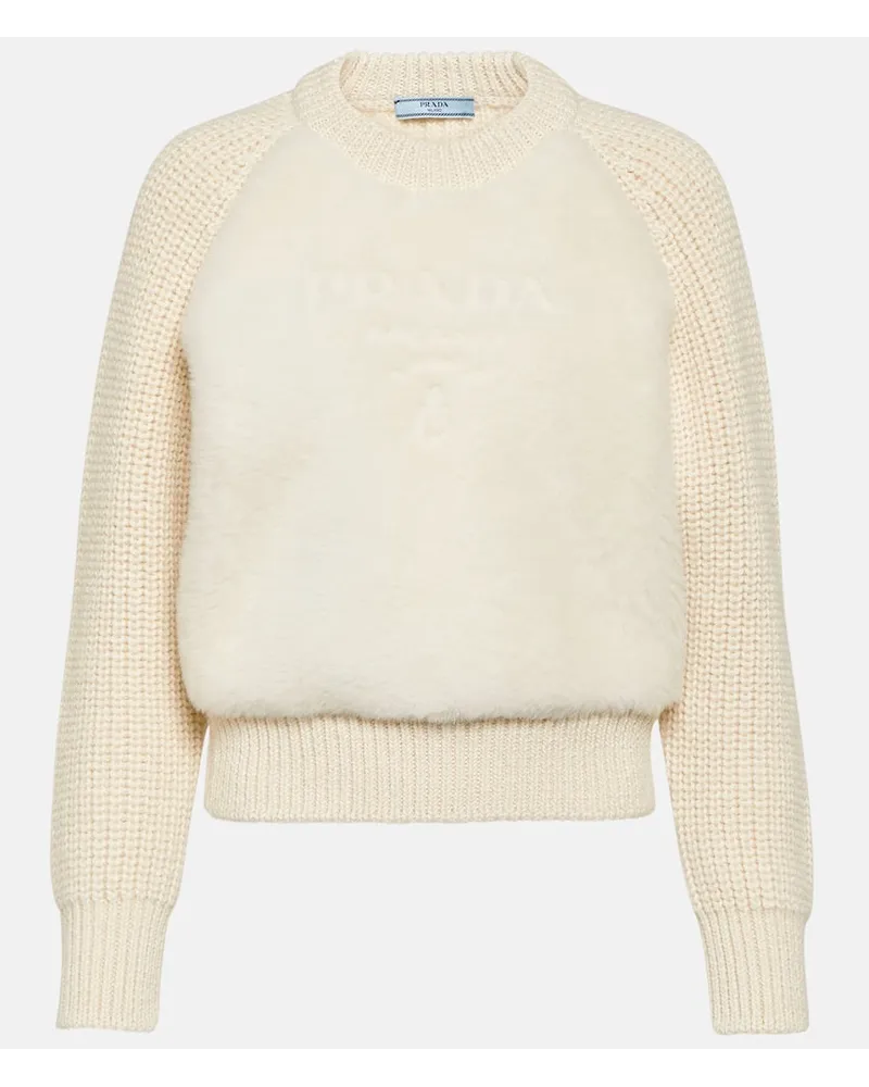 Prada Pullover in alpaca con shearling Bianco