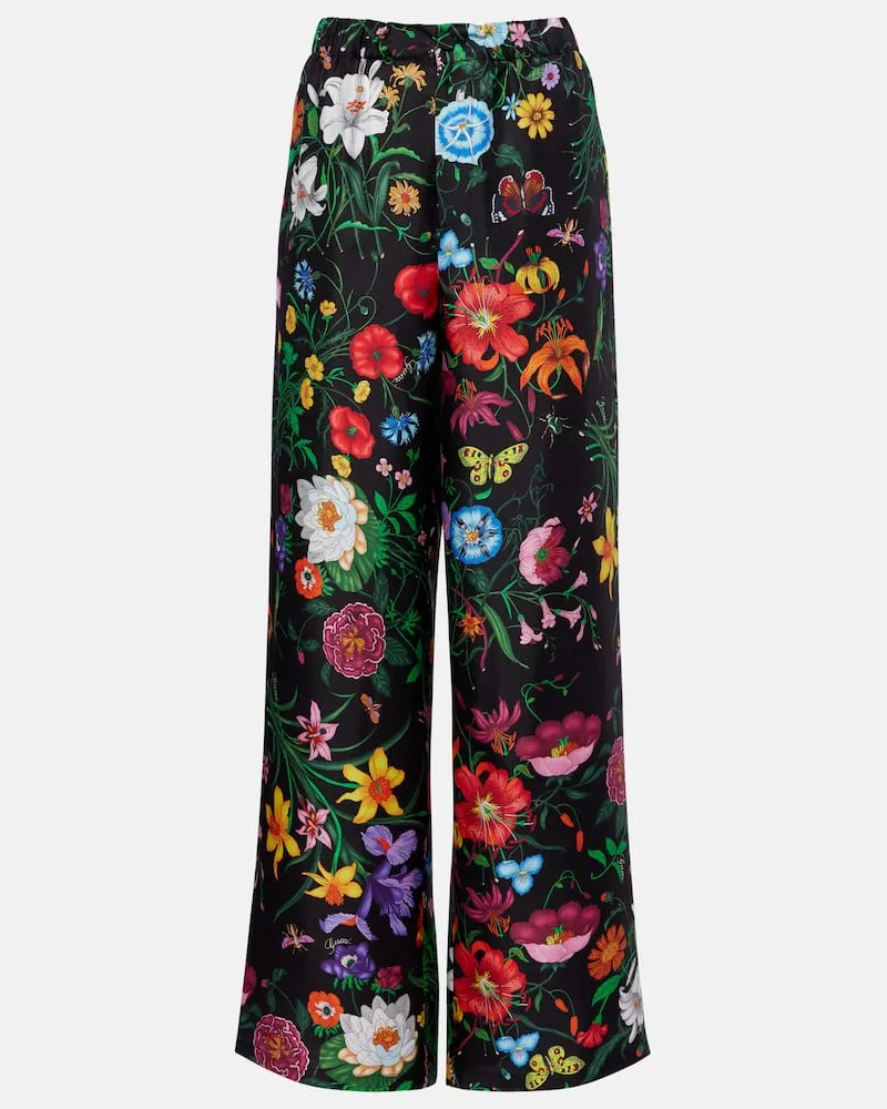 Gucci Pantaloni in twill di seta con stampa Nero