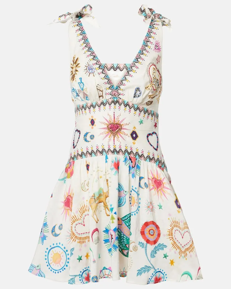 Camilla Abito corto in lino e seta con ricamo Multicolore