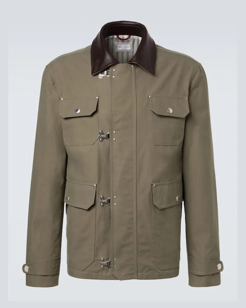 Brunello Cucinelli Giacca in misto cotone con pelle Verde
