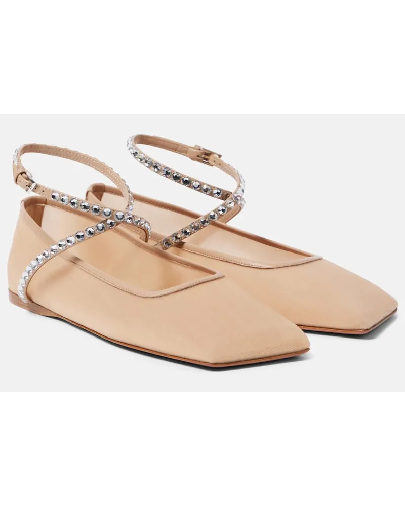 Amina Muaddi Ballerine Ane in mesh con cristalli Beige