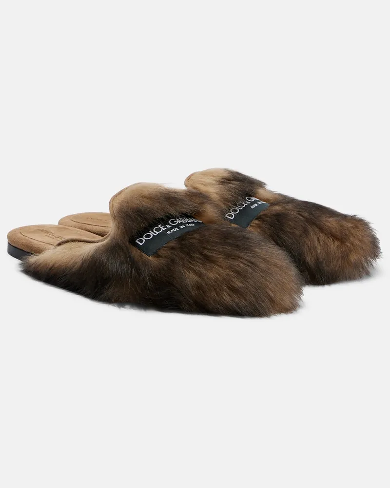 Dolce & Gabbana Mules in shearling con pelle e logo Marrone