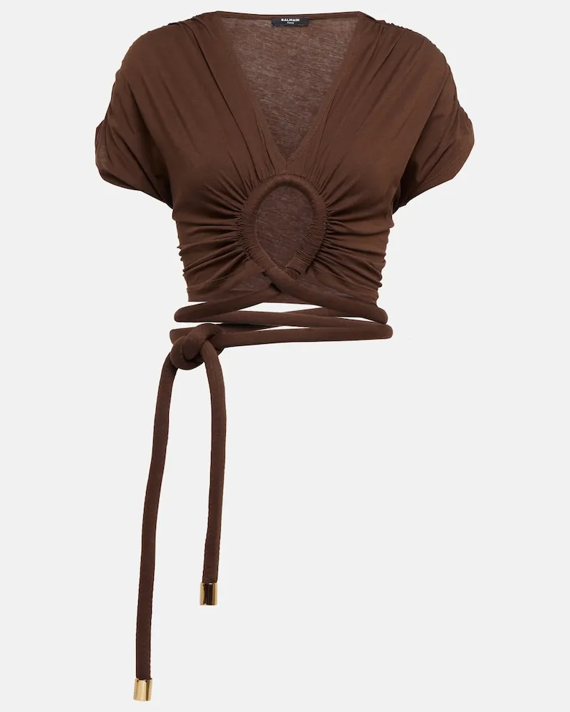Balmain Top in jersey con cut-out e cordini Marrone