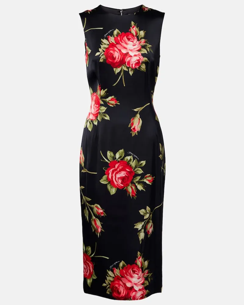 Dolce & Gabbana Abito midi in raso con stampa floreale Nero
