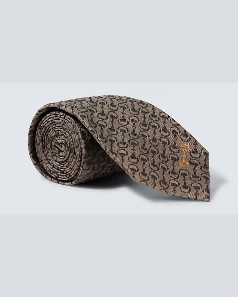 Gucci Cravatta Horsebit in jacquard di seta Beige