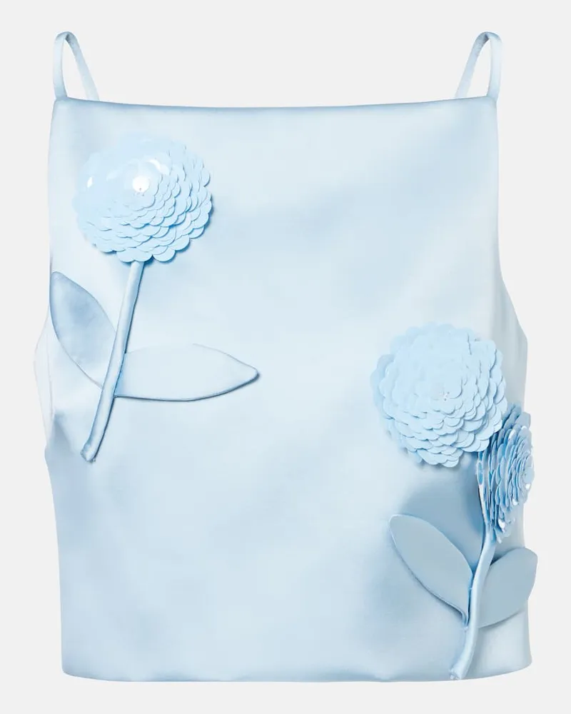 Self-Portrait Top in raso con applicazioni floreali Blu