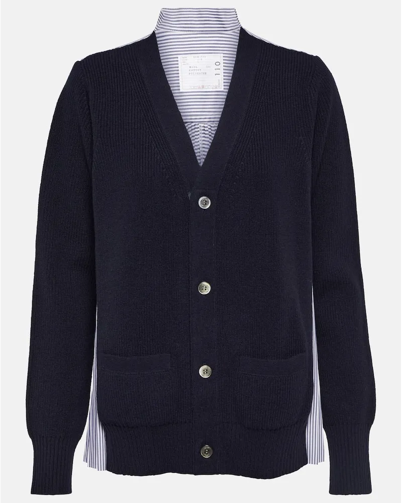 Sacai Cardigan in lana e popeline di cotone Blu