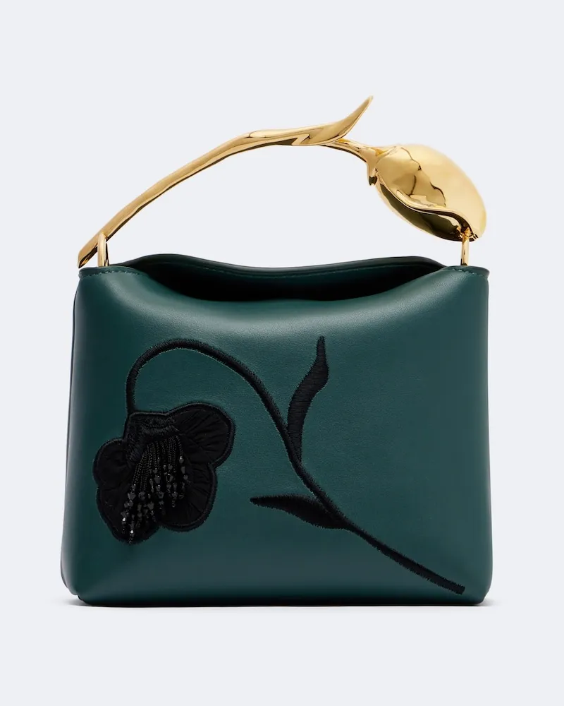 Erdem Borsa a mano Bloom Mini in pelle con ricamo Verde