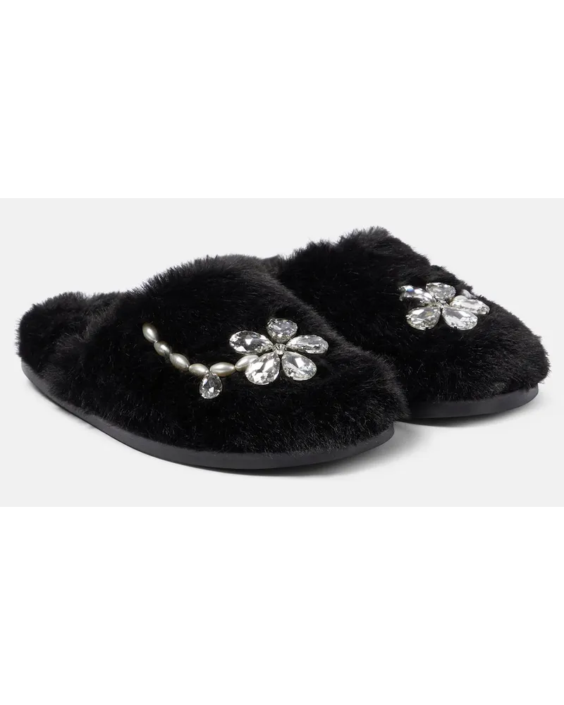 Simone Rocha Slippers in shearling sintetico con cristalli Nero