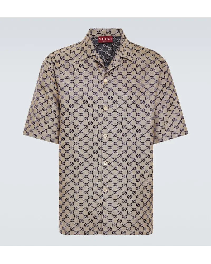 Gucci Camicia bowling in misto lino GG Beige