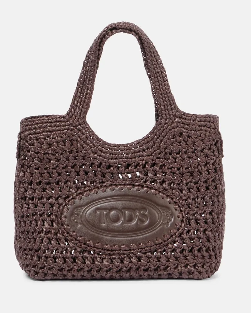 TOD'S Borsa in rafia e pelle con logo Marrone