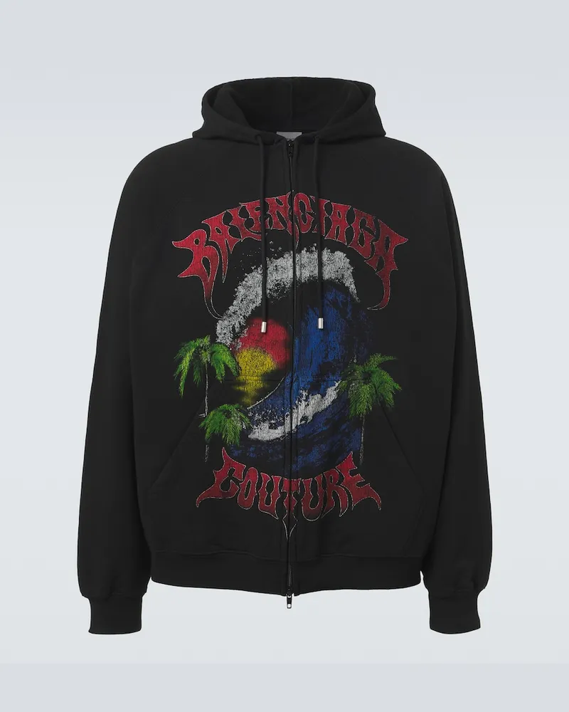 Balenciaga Felpa con zip in jersey di cotone con logo Nero