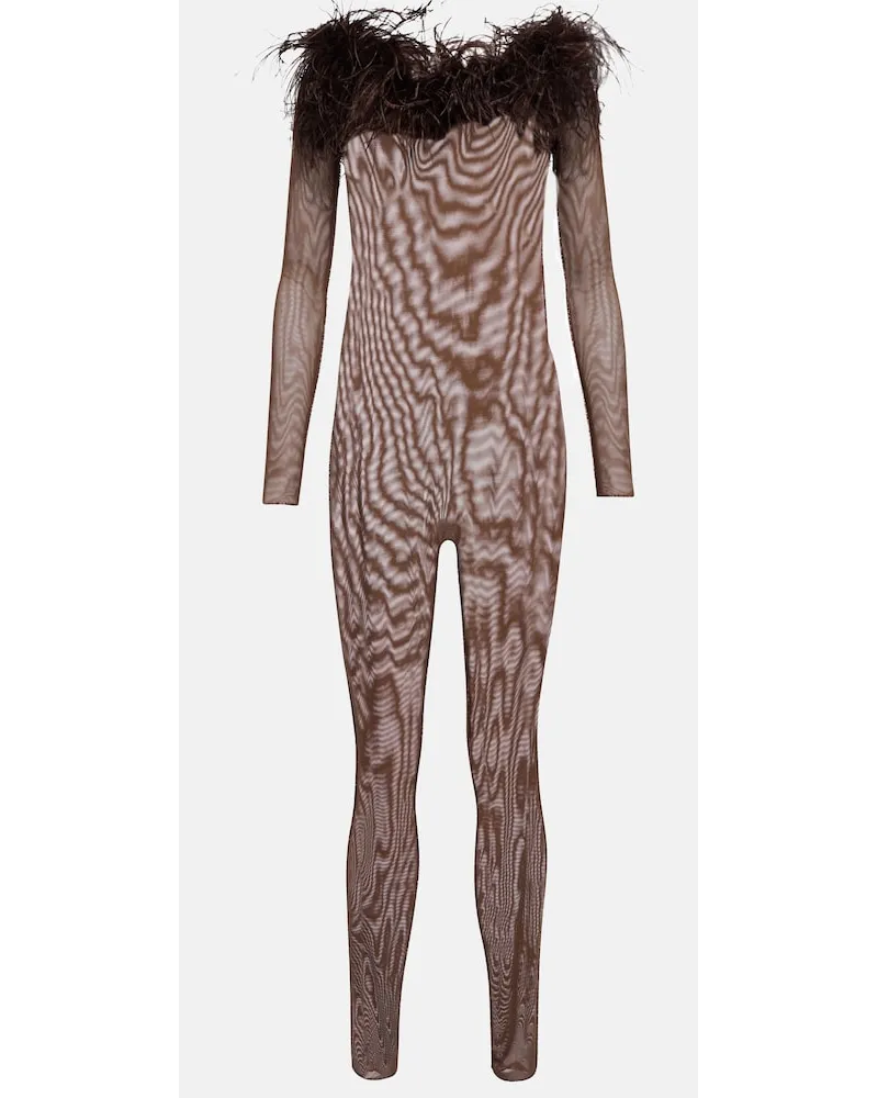 Oséree OsÃ©ree Jumpsuit in mesh con piume Marrone