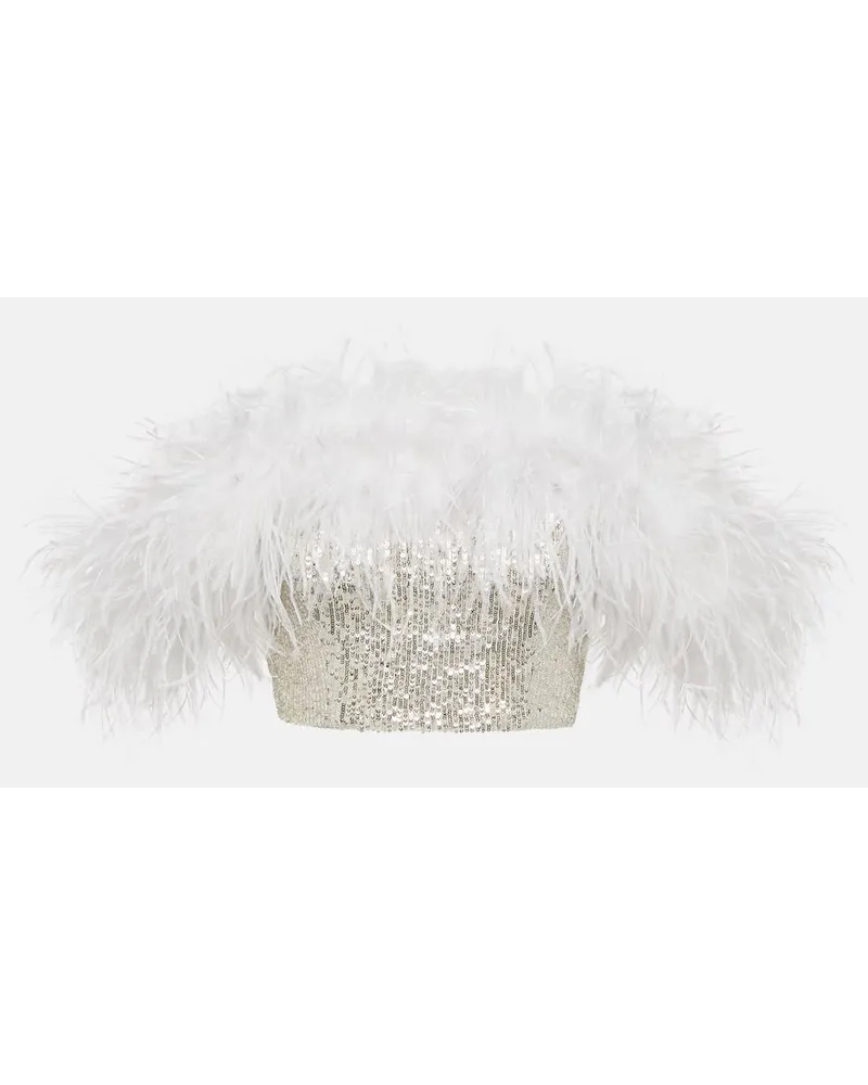 Self-Portrait Top cropped con paillettes e piume Argento