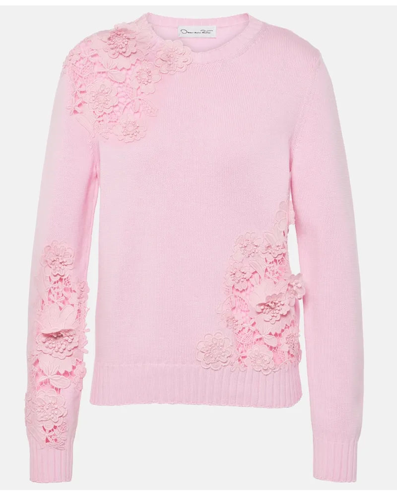 Oscar de la Renta Pullover in cotone con pizzo Rosa