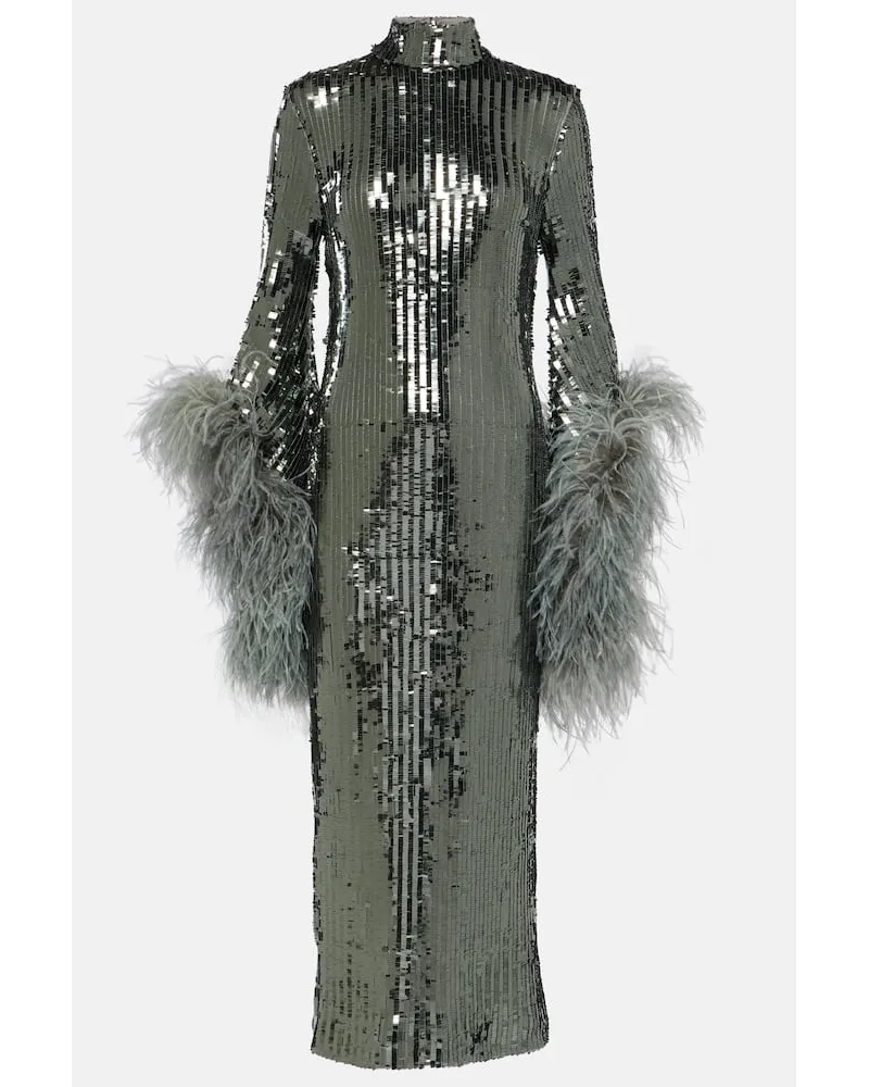 Taller Marmo Abito midi Del Rio con paillettes e piume Argento