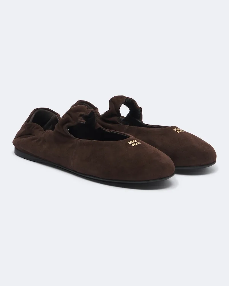 Miu Miu Ballerine Mary Jane Ruches in suede Marrone