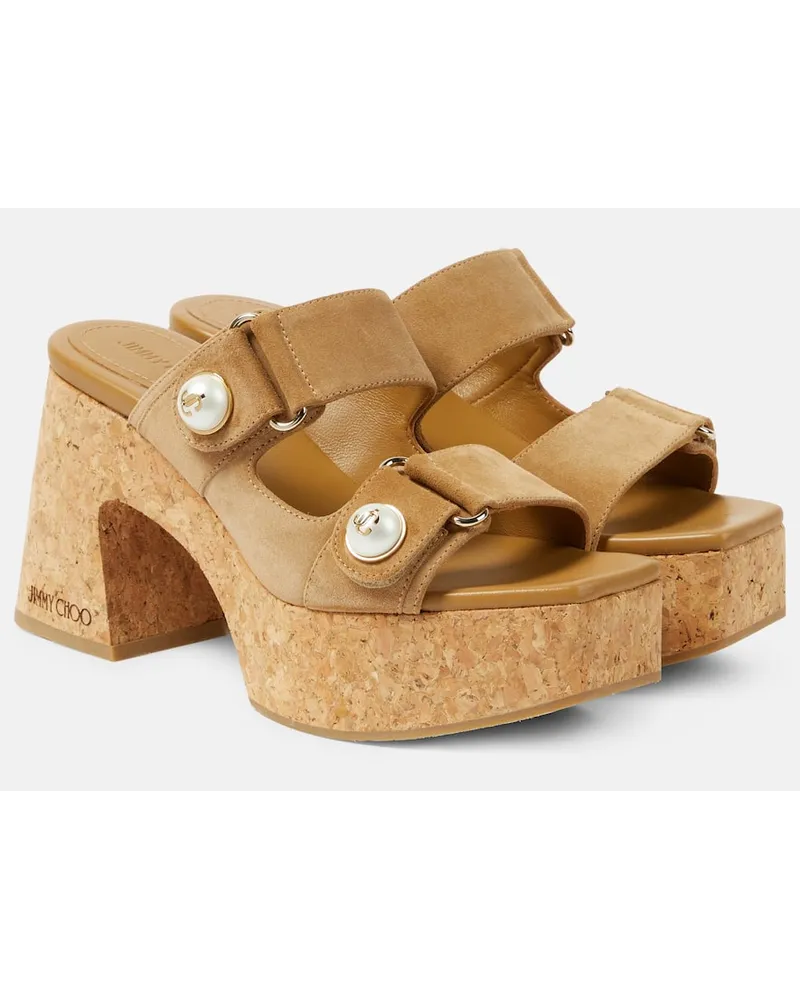 Jimmy Choo Sandali Faience 95 in suede con plateau Beige