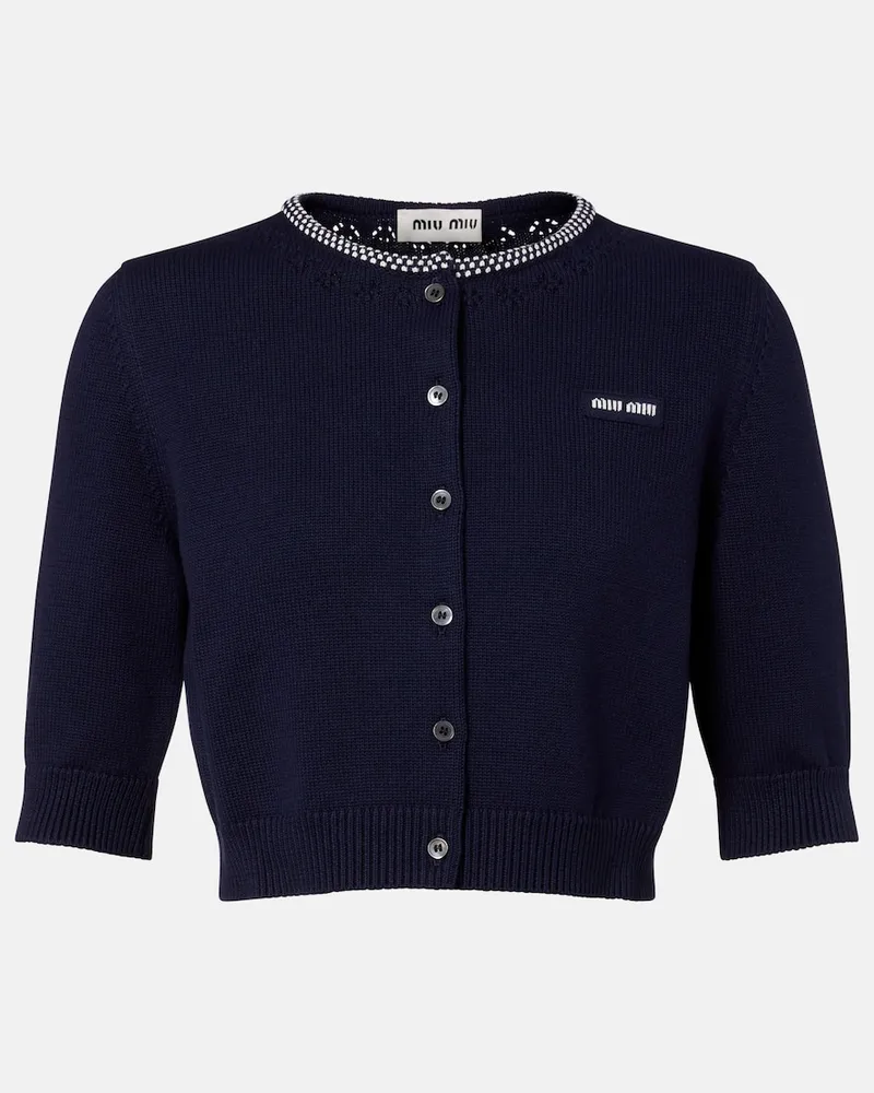 Miu Miu Cardigan cropped in cotone con logo Blu