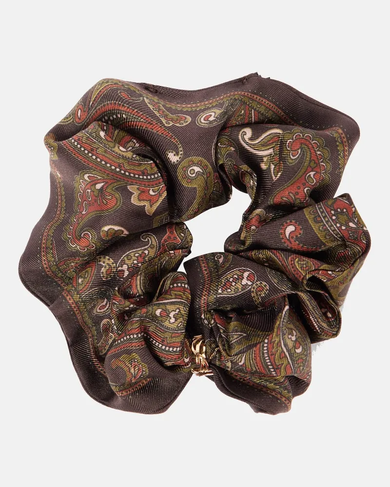 Saint Laurent Scrunchie in seta con stampa paisley e logo Marrone