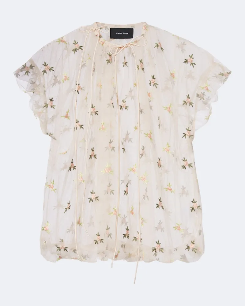 Simone Rocha Top in tulle con ricamo Beige