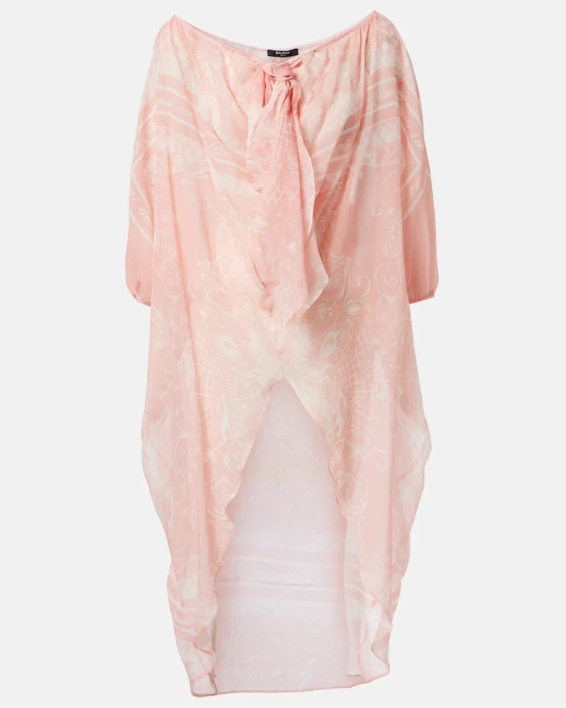 Balmain Abito midi in seta con stampa Rosa