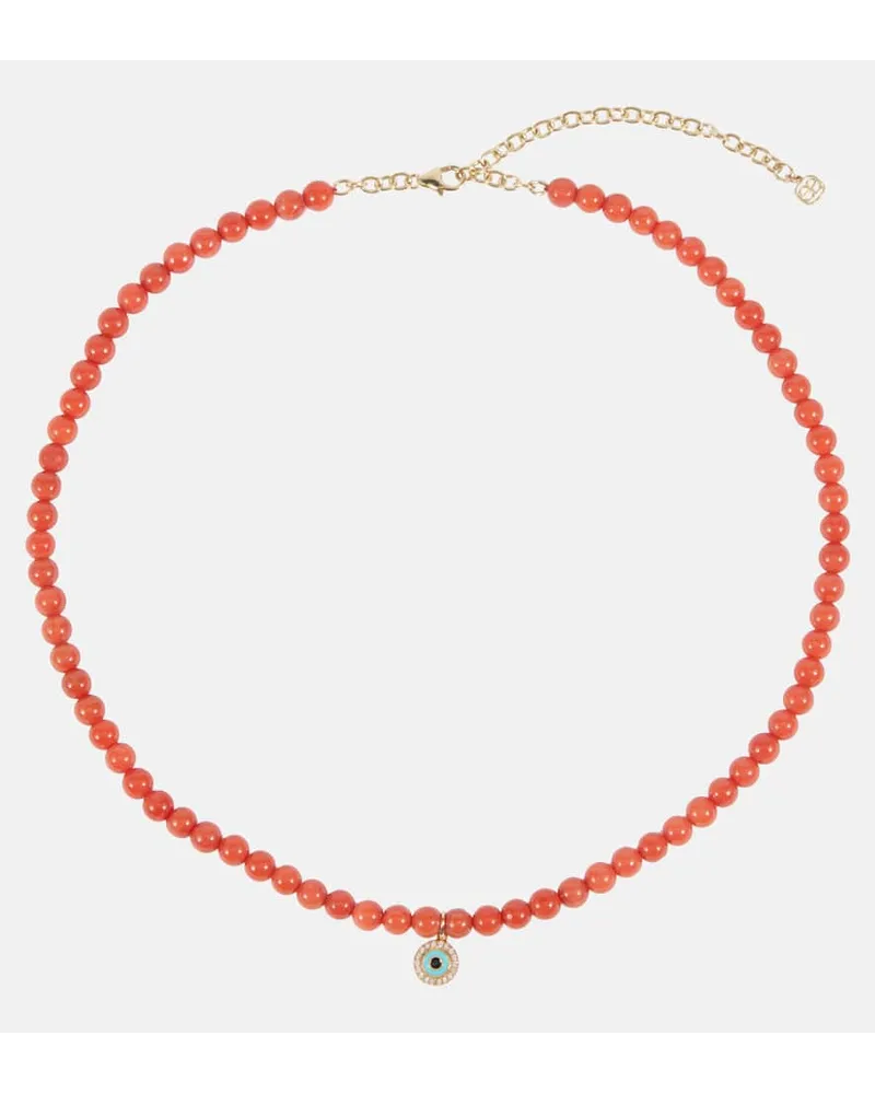 Sydney Evan Collana Evil Eye in oro giallo 14kt e corallo con perline e diamanti Arancione