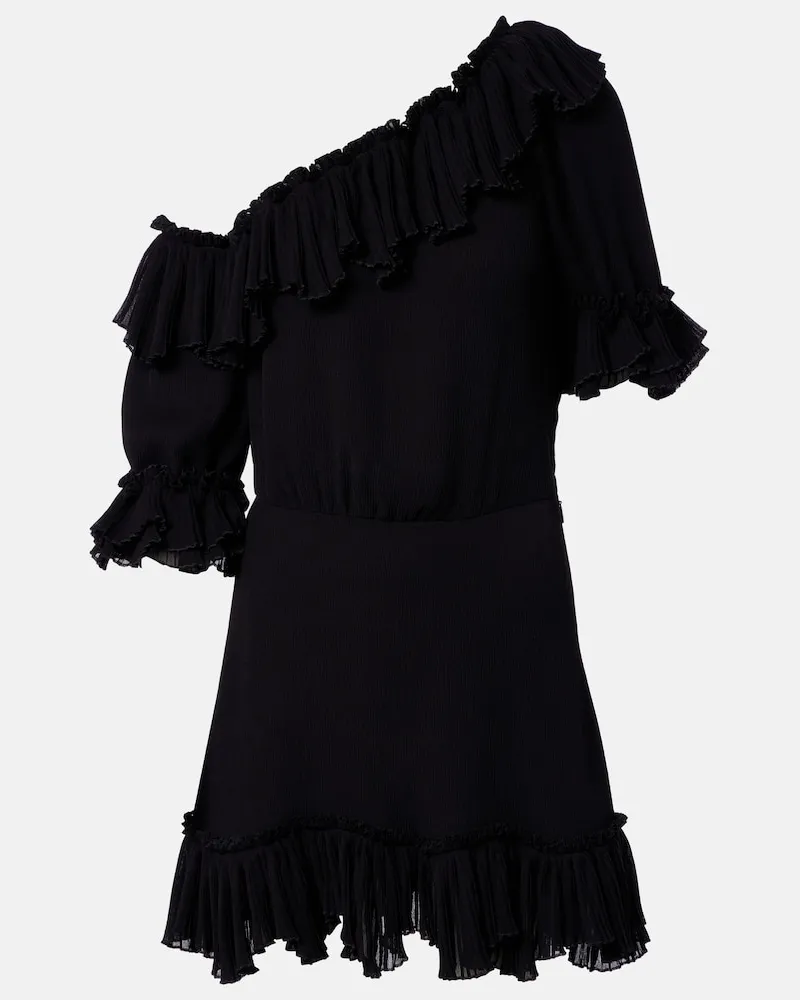 Saint Laurent Abito corto in crepon di seta con volant Nero