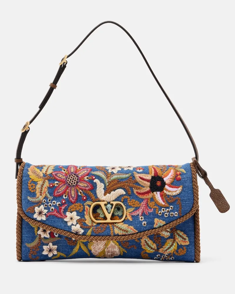 Valentino Garavani Borsa a spalla DeVain Small in denim con ricamo Blu