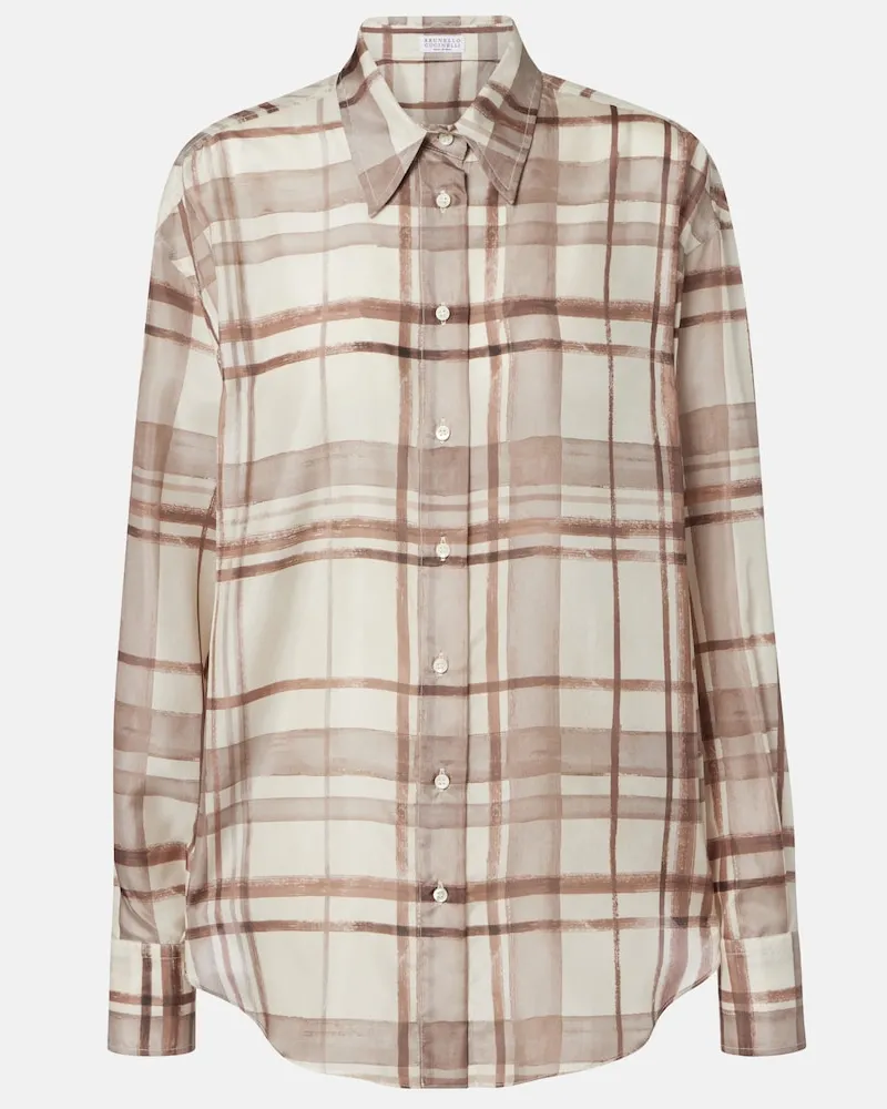 Brunello Cucinelli Camicia in seta a quadri Beige
