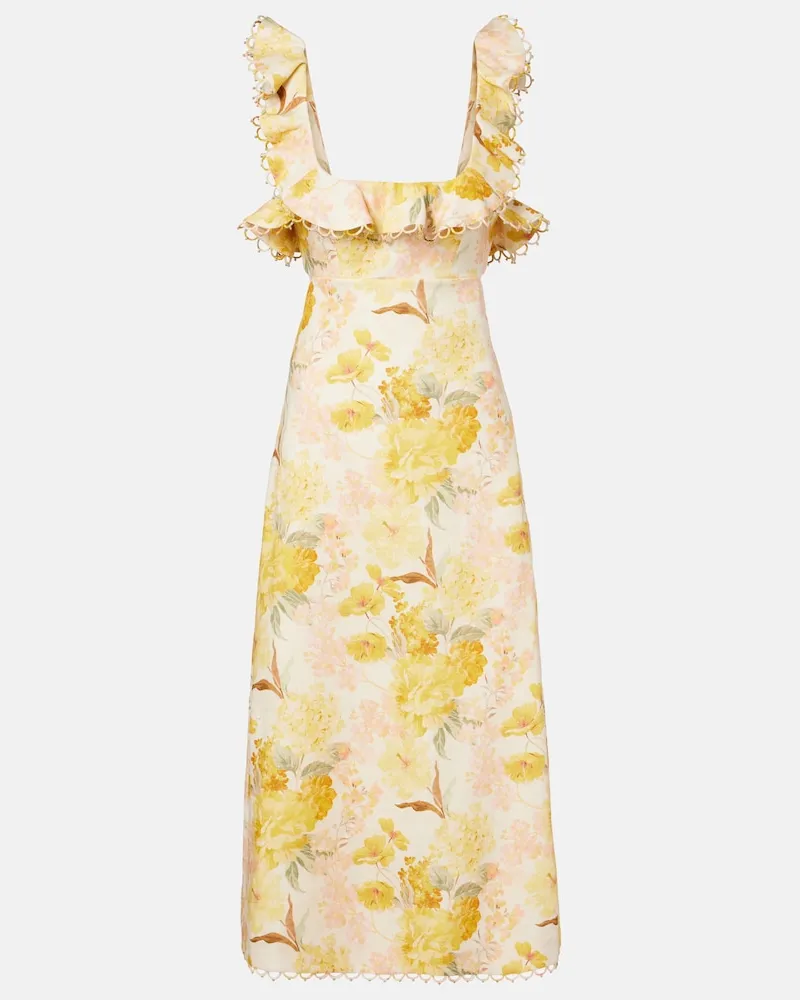 Zimmermann Abito midi Como in lino con volant e stampa floreale Giallo