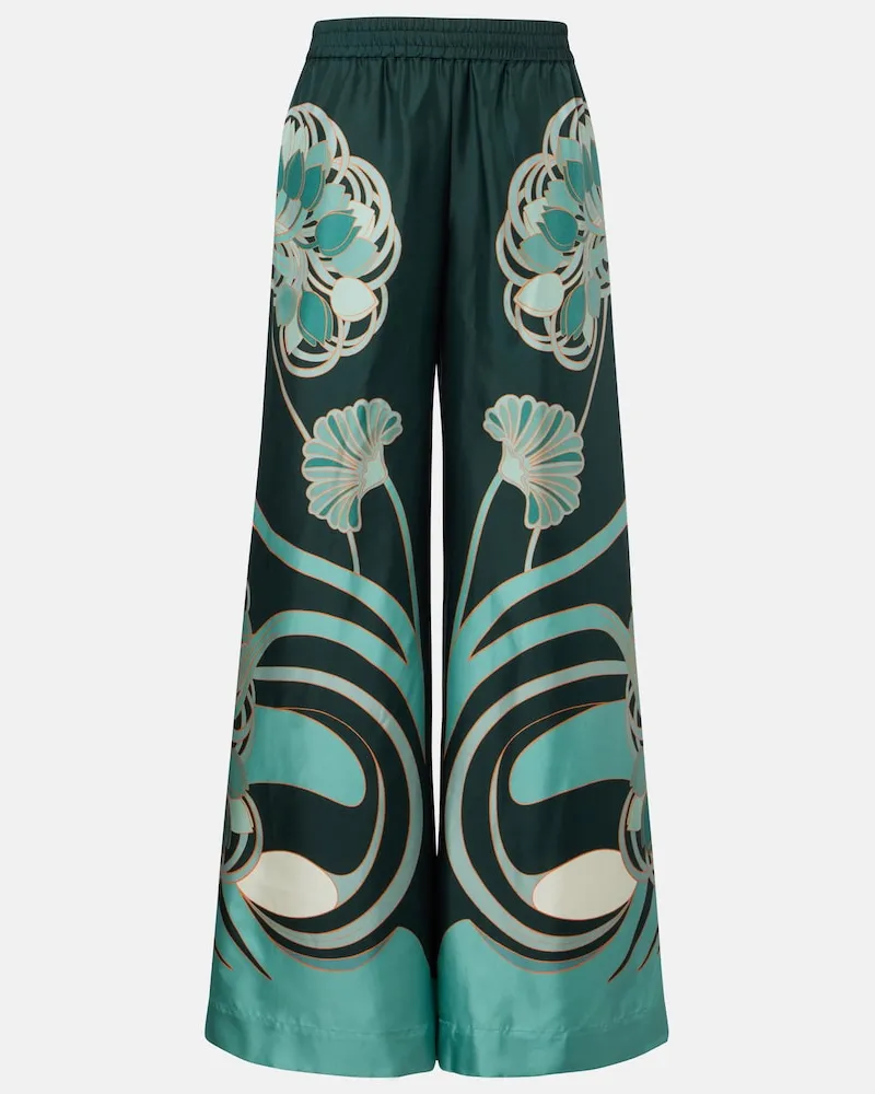 La DoubleJ Pantaloni palazzo in twill di seta con stampa Verde