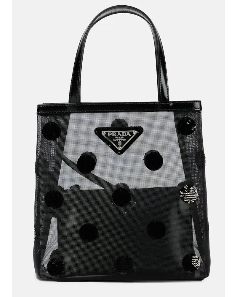 Prada Borsa Small in mesh e pelle con paillettes Nero