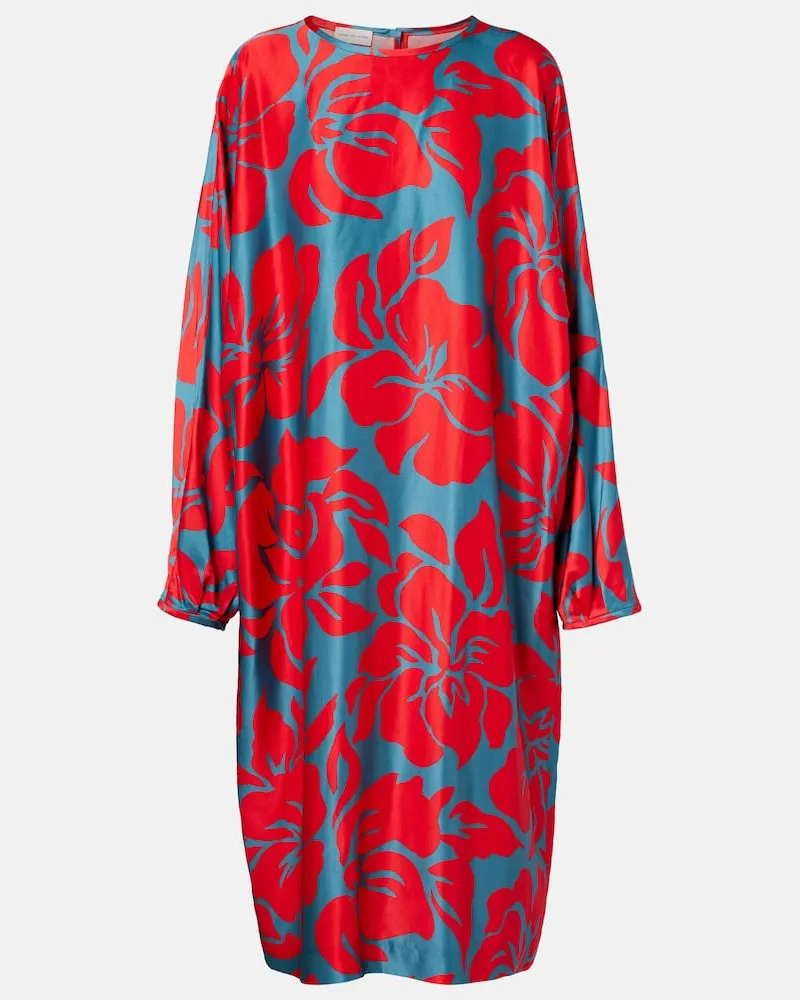 Dries van Noten Abito midi in raso con stampa Rosso