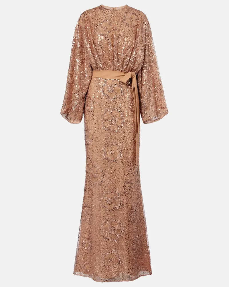 Elie Saab Abito lungo in misto seta con paillettes e cintura Rosa