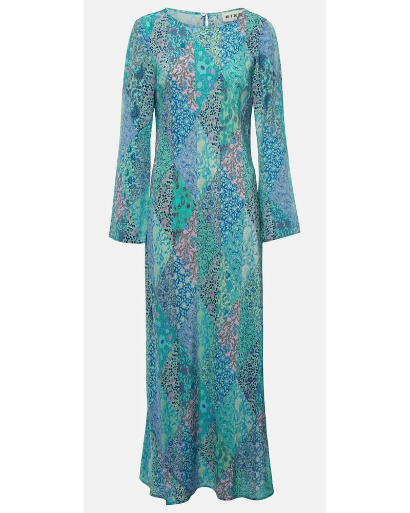 RIXO Abito lungo Alondra in seta patchwork Blu