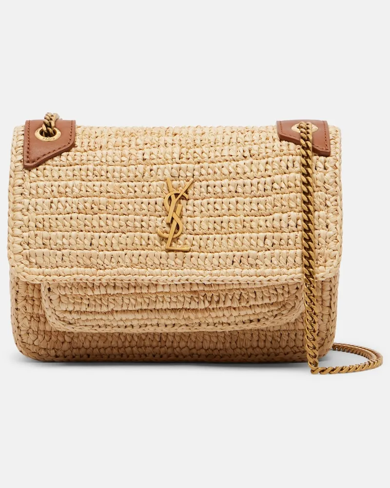 Saint Laurent Borsa a spalla Niki Mini in rafia Beige