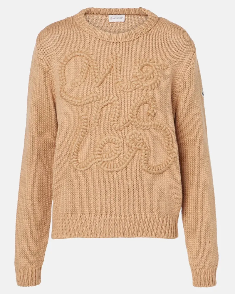 Moncler Pullover in cotone con logo ricamato Marrone