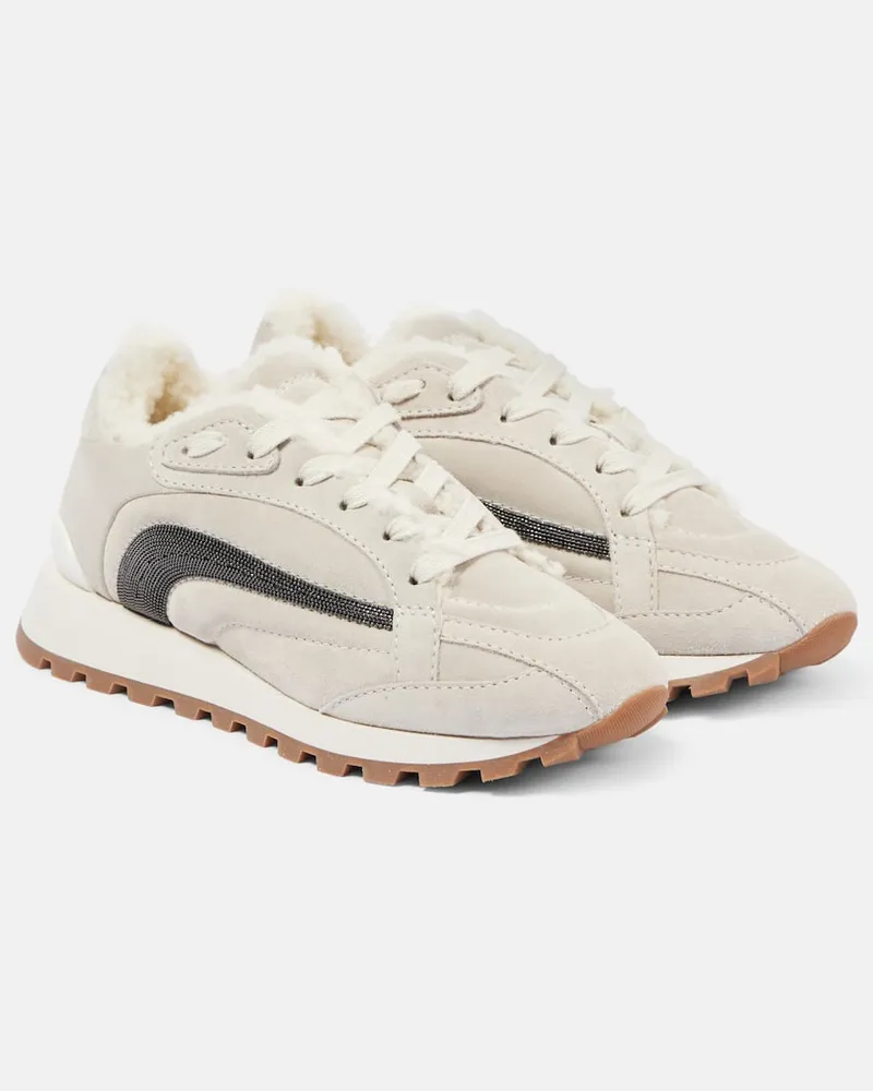 Brunello Cucinelli Sneakers in suede con shearling e monili Grigio